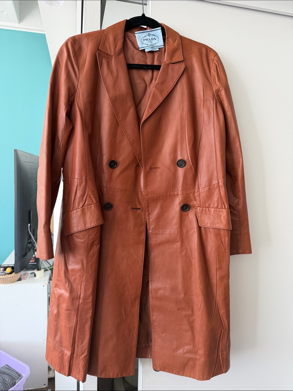 Prada Women's Rust-Brown Double-Breasted Leather Trench Coat